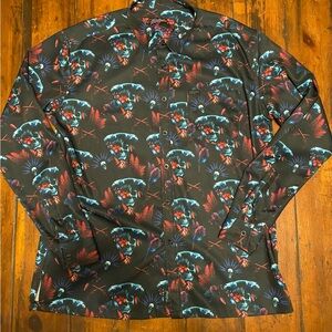 Retro Rifle Shirt Men Black Pirate Blackbeard Skull Floral Button-up, Size XL